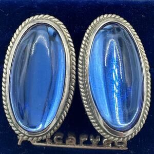 Taxco 1940s vintage sterling silver blue glass cabochons screw back earrings